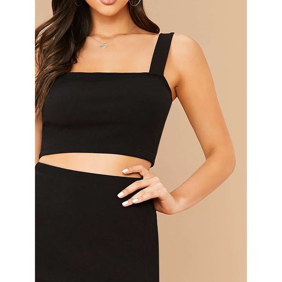 Black Crop Top Fitted and Side Slit Skirt Set - Picture 5 of 6